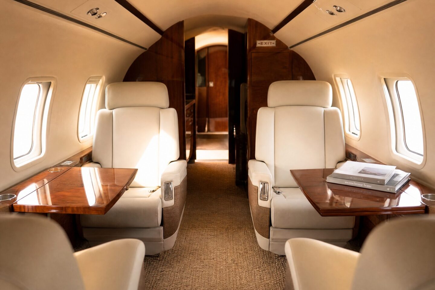 Design visualisation of a turboprop cabin: plain ivory leather, honey walnut veneer, chrome fittings.