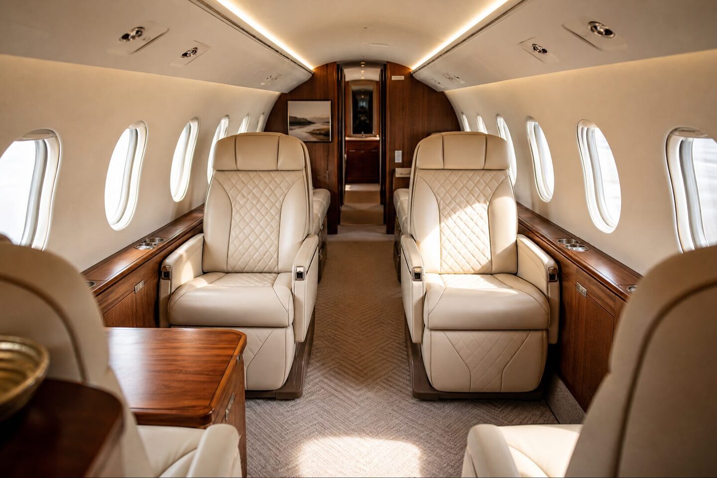 Design visualisation of a cabin interior: cream quilted leather club seats, walnut veneer sidewalls, oval windows.
