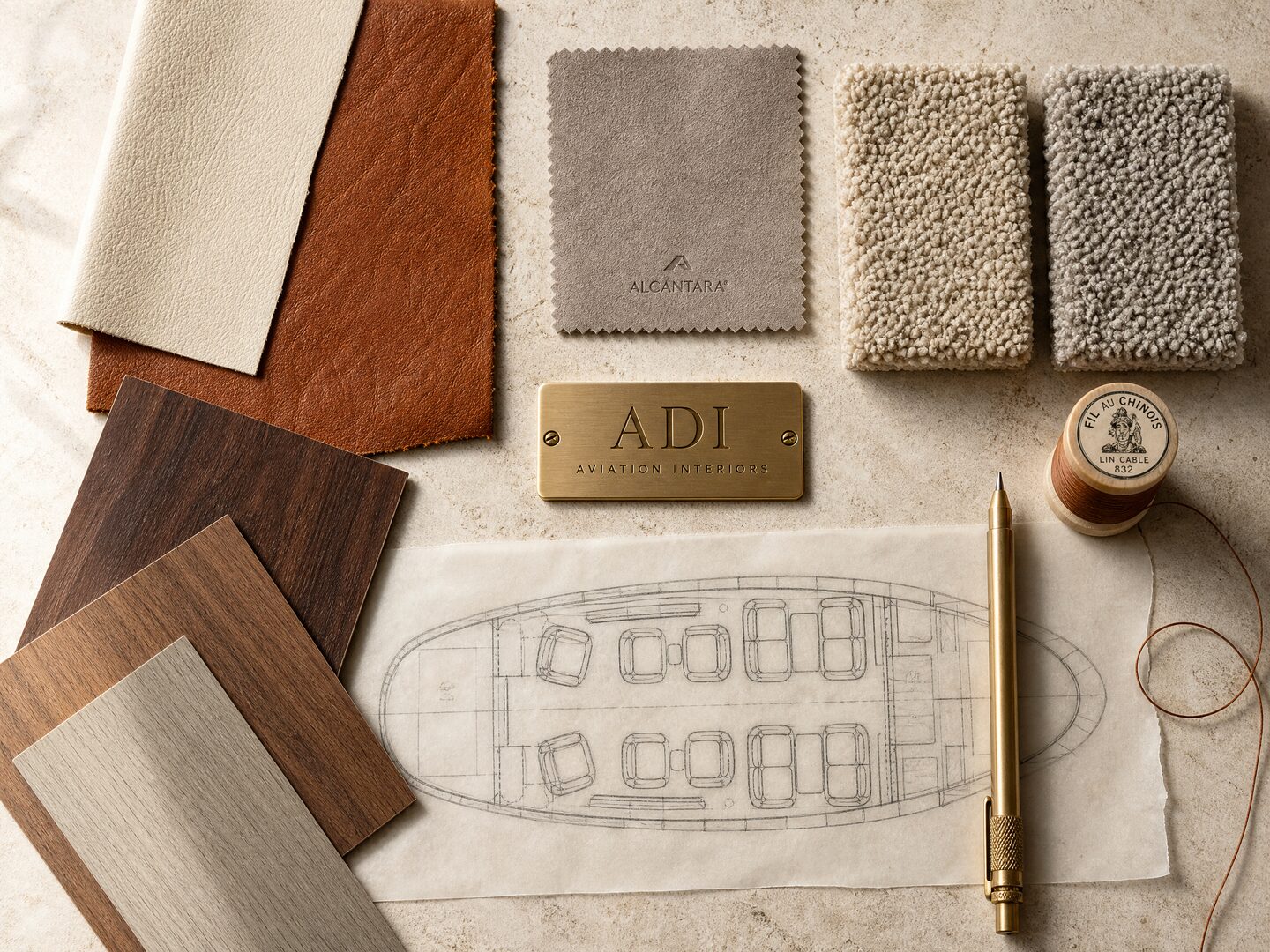 Leather, Alcantara, carpet and veneer samples laid out on a limestone table with a hand-drawn cabin floor plan and an engraved ADI plate.