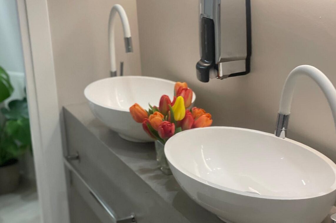 Finished washroom: two white counter-top basins on a grey vanity with tall mixers, backlit mirror above, brushed steel soap dispenser, tulips between the bowls.